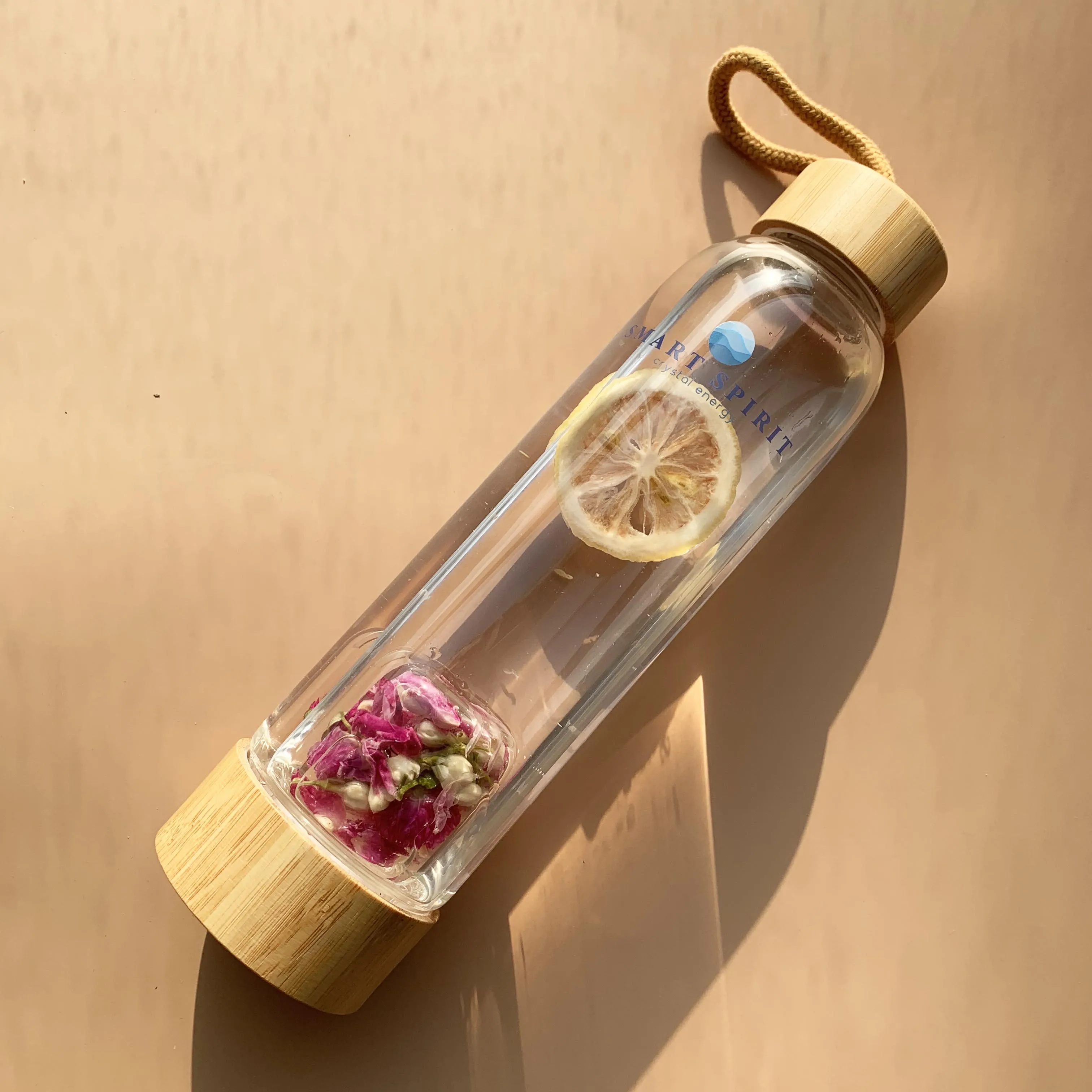 Custom Logo Rose Quartz Borosilicate Glass Gemstone Crystal Water Bottle