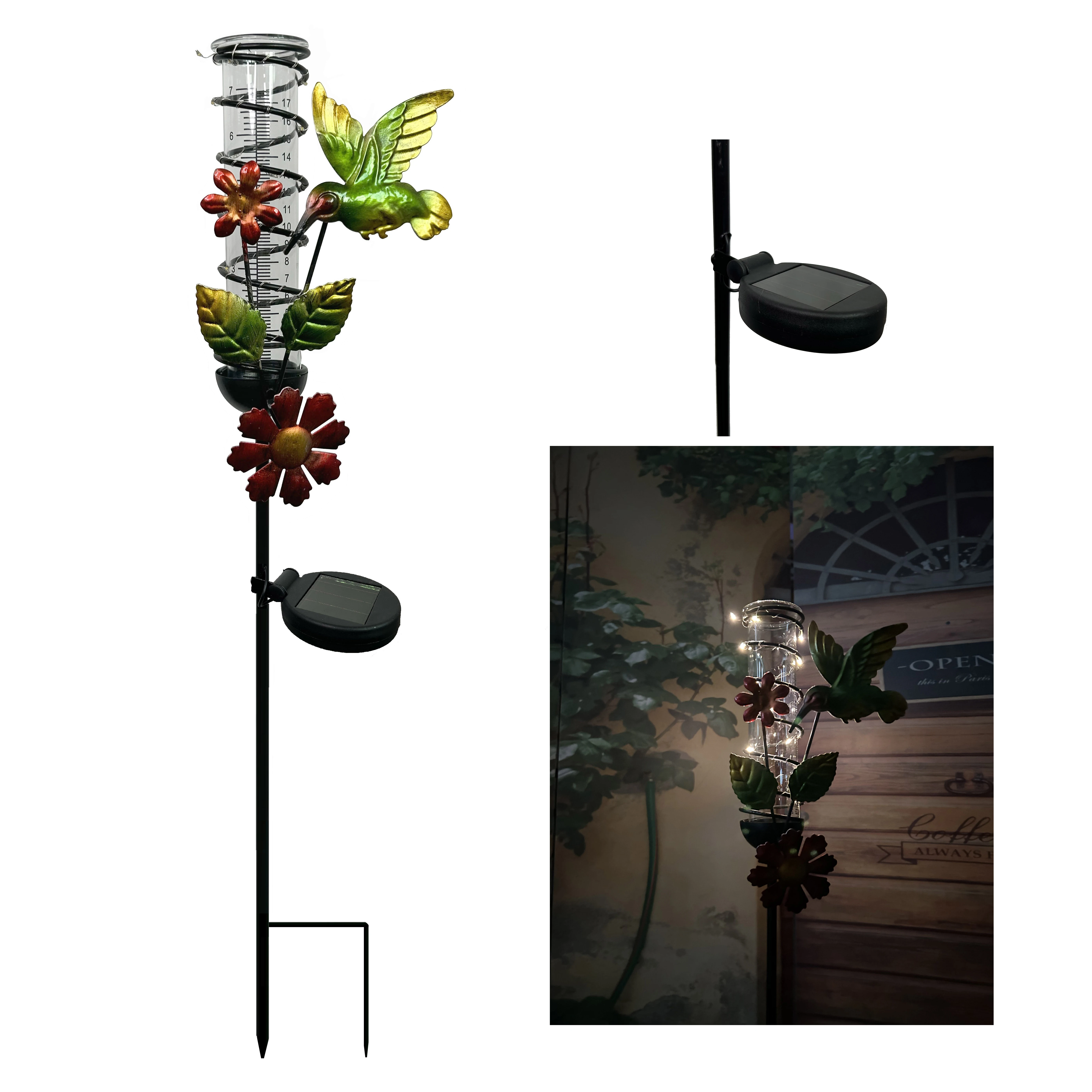 Glass Tube Rain Gauge Metal & Ladybug & Hummingbird with Solar Lights Rain Gauge Stake for Garden Decor