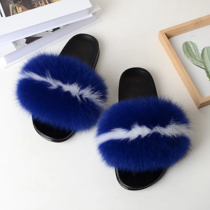 
black and purple blend popular women soft fur 100% fox fur slippers 
