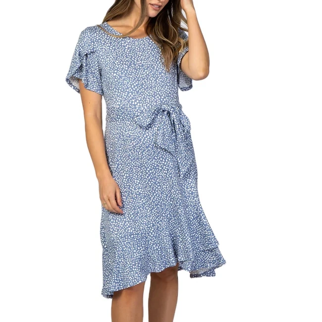 2022 wholesale new casual Blue Polka Dot Ruffle Maternity midi Dress maternity photo shoot dress