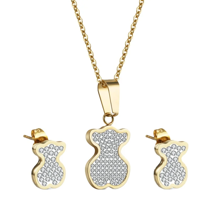 
Fashionable Sweet Dolls Bear Pendant and Earrings Set with Rhinestones Diamonds for Christmas Thanksgiving Gift Jewelry Sets 
