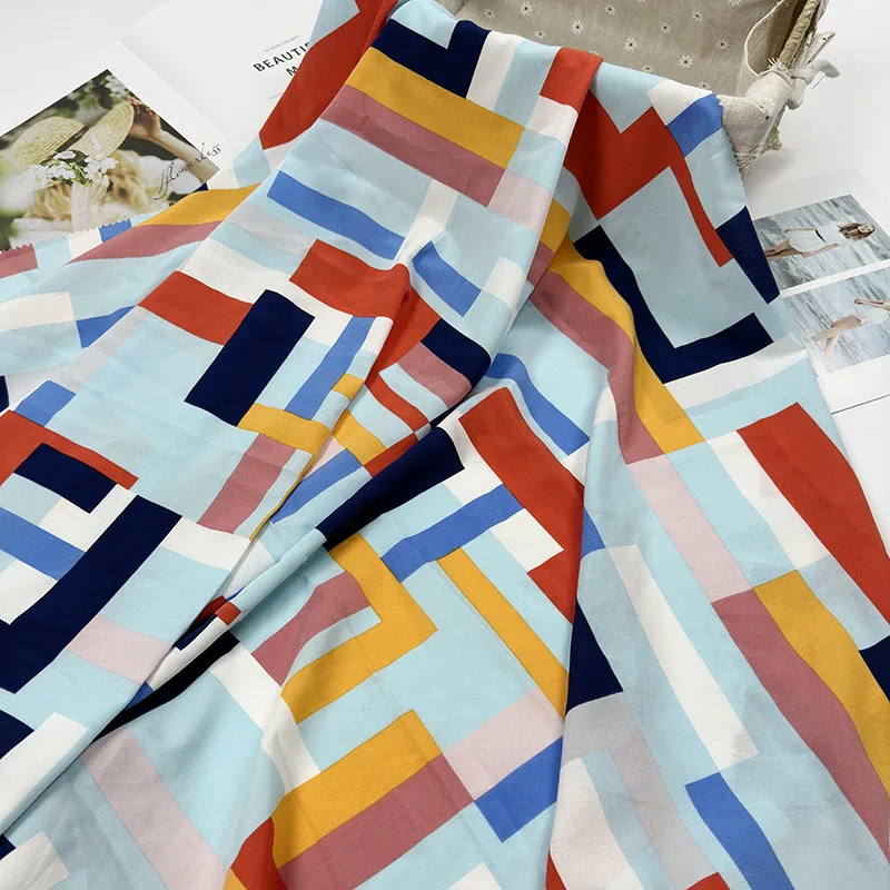 Hot geometric pattern beach pants fashion four-sided elastic shirt polyester home wear printed fabric