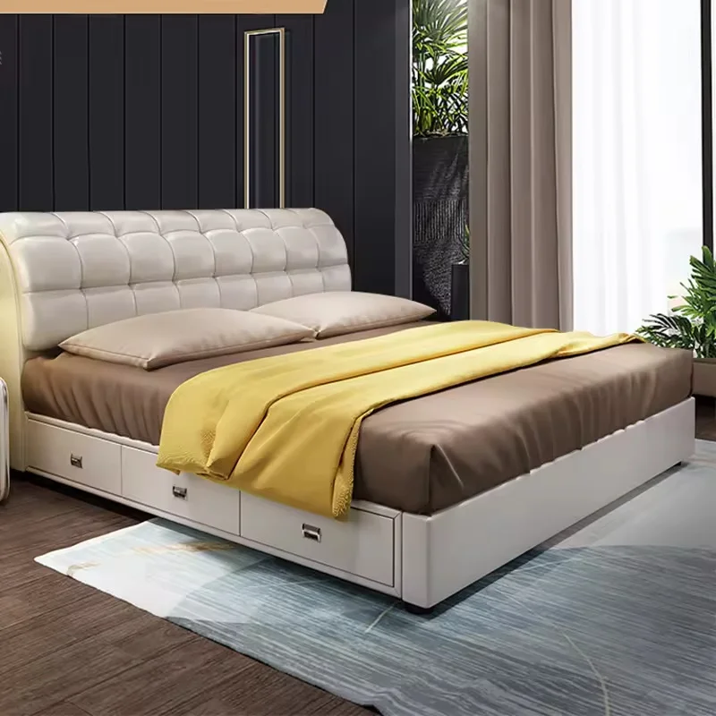 Modern Design King/Queen Size Platform Bed with Storage Wooden Panel and tufted headboard Leather Upholstery for Home