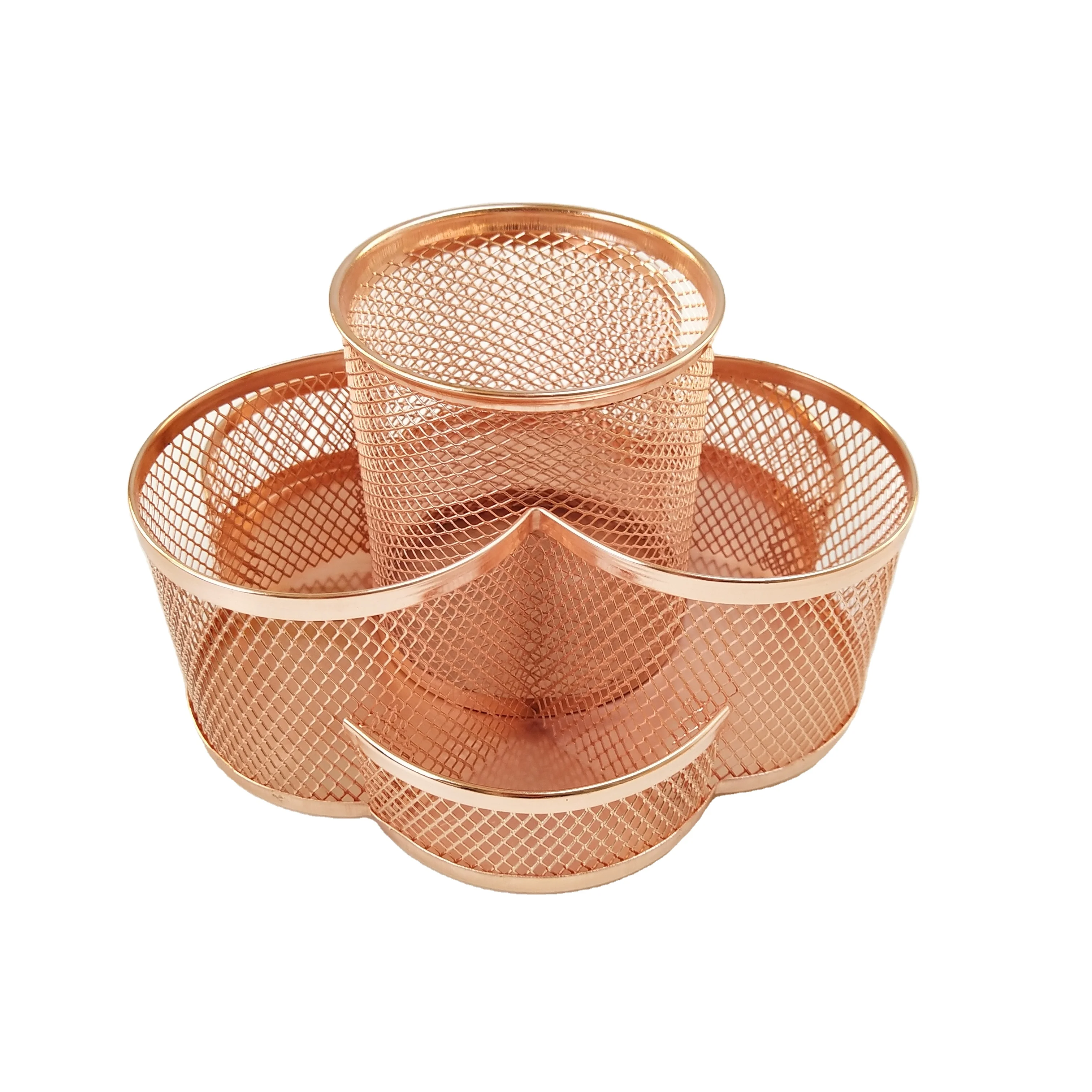 Stationary Accessories Multi-functional Metal Mesh Rose Gold Round Rotating Base Pen Stand Desk Organizer Pencil Pen Holder
