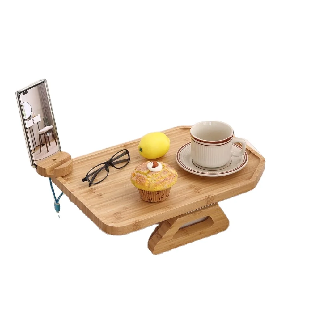 Foldable Couch Cup Holder For Couch Bamboo Couch Arm Tray with Rotating Phone Holder