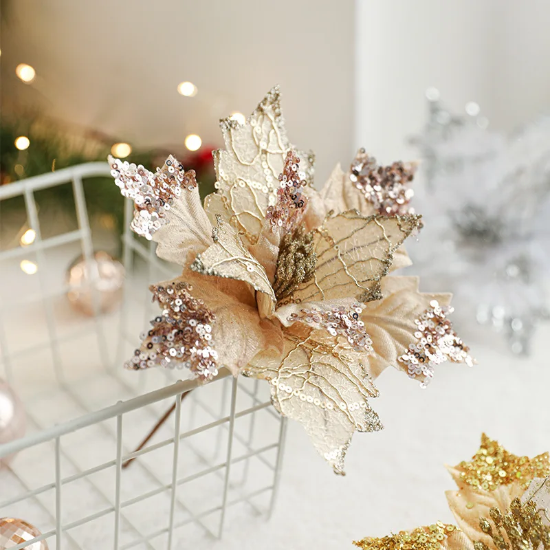 Sequin Christmas Artificial Flower 20cm Red Christmas Flowers Poinsettia Flower Christmas Artificial