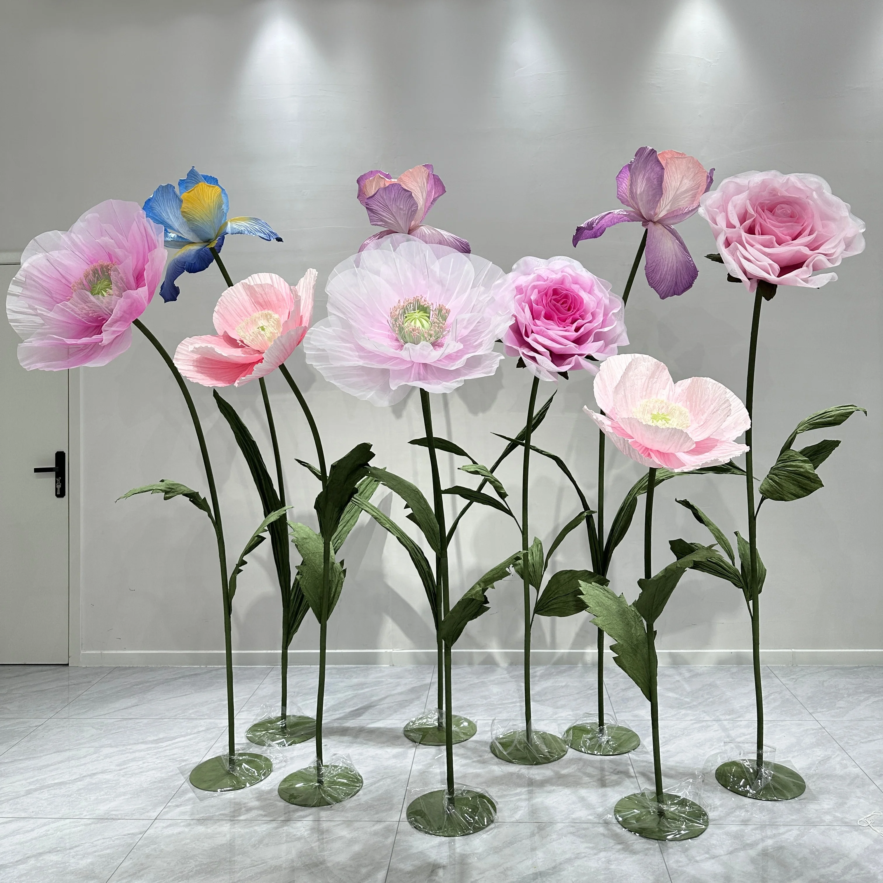 H-678 Big Free Standing Flowers Giant Paper Organza Poppy Flower Set For Indoor Wedding Event Decoration