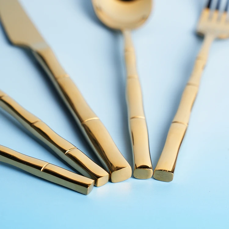Hot Sell Stainless Steel Gold Plated Knife Fork Spoon Bamboo Design Mirror Finished Handle 5pcs  Luxury Spoon Fork And Knife Set