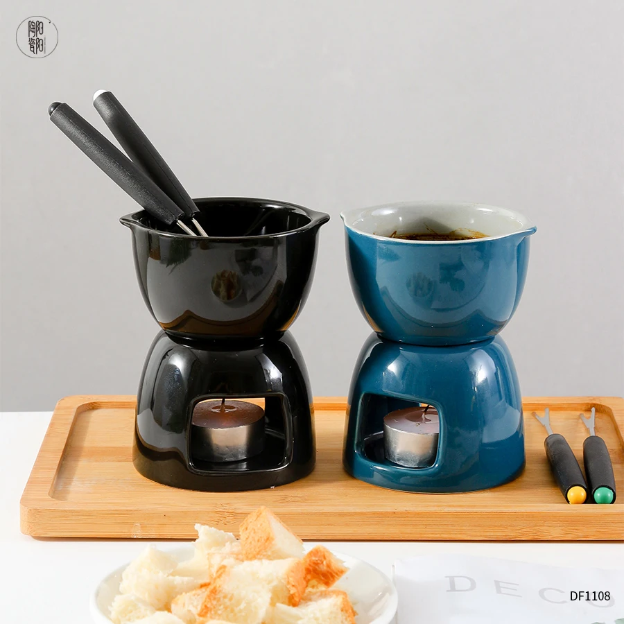 High quality Ceramic chocolate melting pot customized fondue pot cheese fondue sets