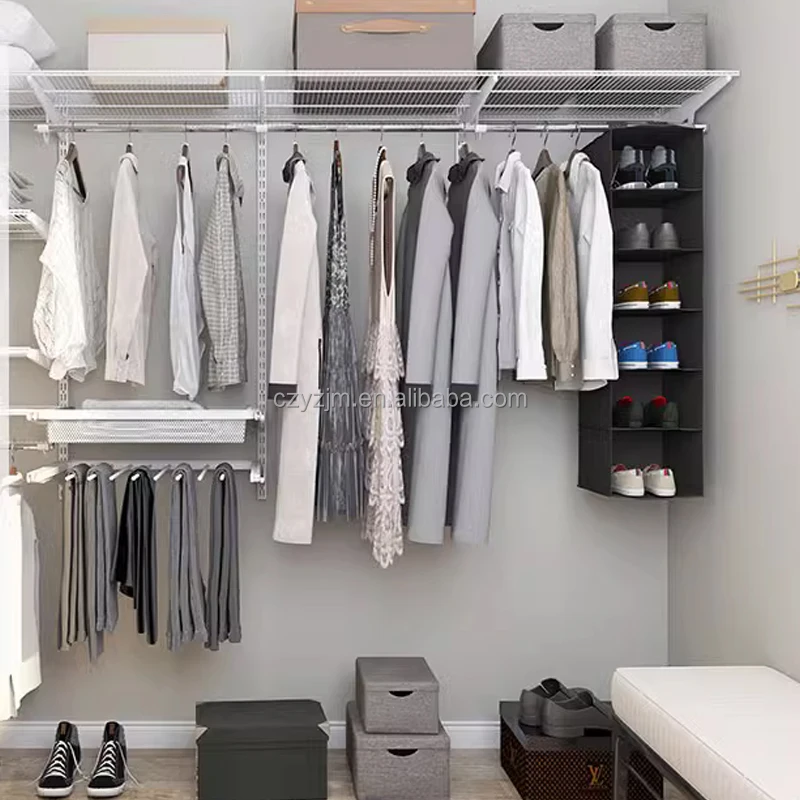 Modern Wall Mount Wardrobe Closet Storage Shelves Metal Steel Pull out Mesh Basket Pant Rack and Clothes Hangers for Bedroom