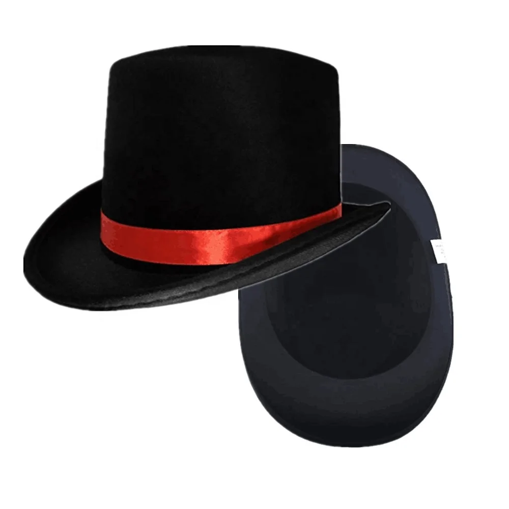 Ringmaster Mad Hatter Baron Costume Black Satin Top Hat Black Top Hat with Red Band