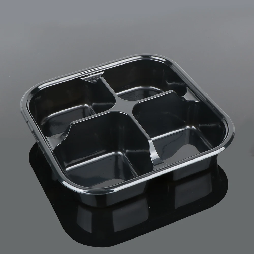 Одноразовый секционный квадратный черный пластиковый прозрачный контейнер с крышкой