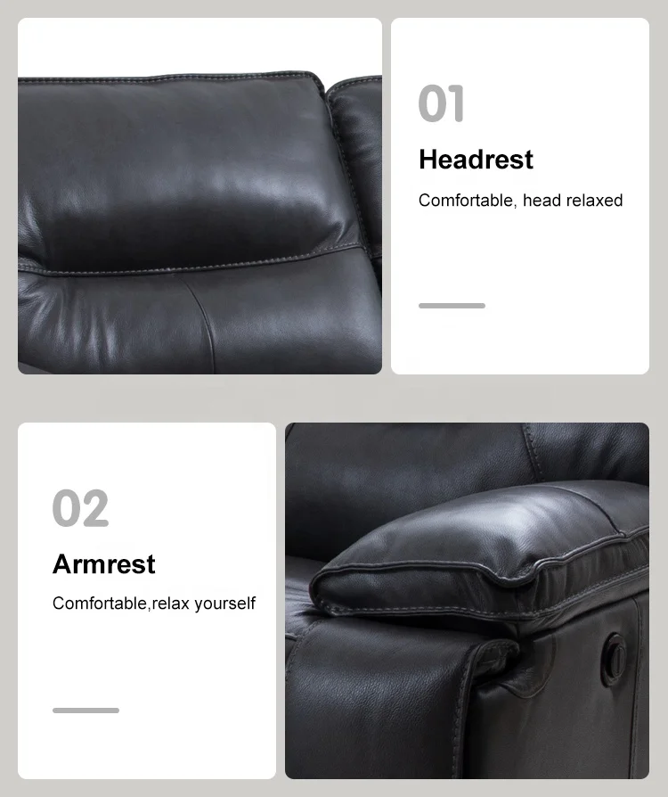 MANWAH CHEERS Real Leather Corner Sofa Modern Black Sectional Reclining Couch Living Room Sofa