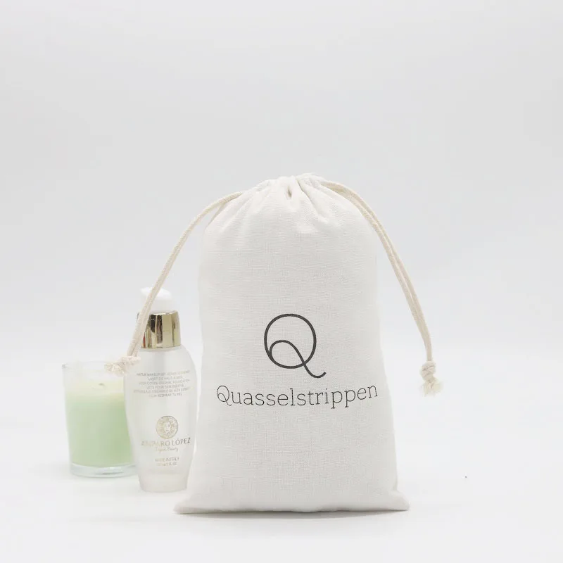 Eco Friendly Custom Logo Printed Muslin Dust Pouch Colorful Cotton Linen Cosmetic Shopping Storage Double String Bags