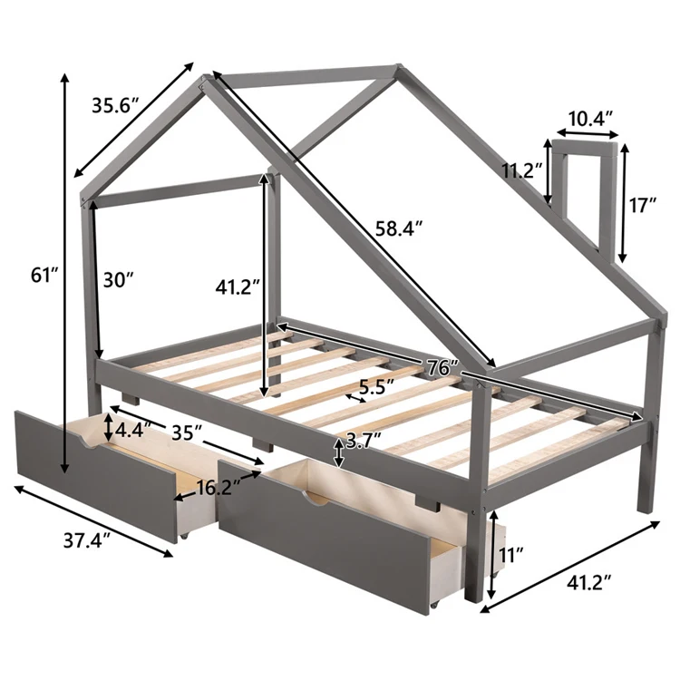 Bedroom House Roof Shape Wooden Frame Kids Boys Girls Teens Toddler Children Daybed Montessori Floor Bed with Drawers
