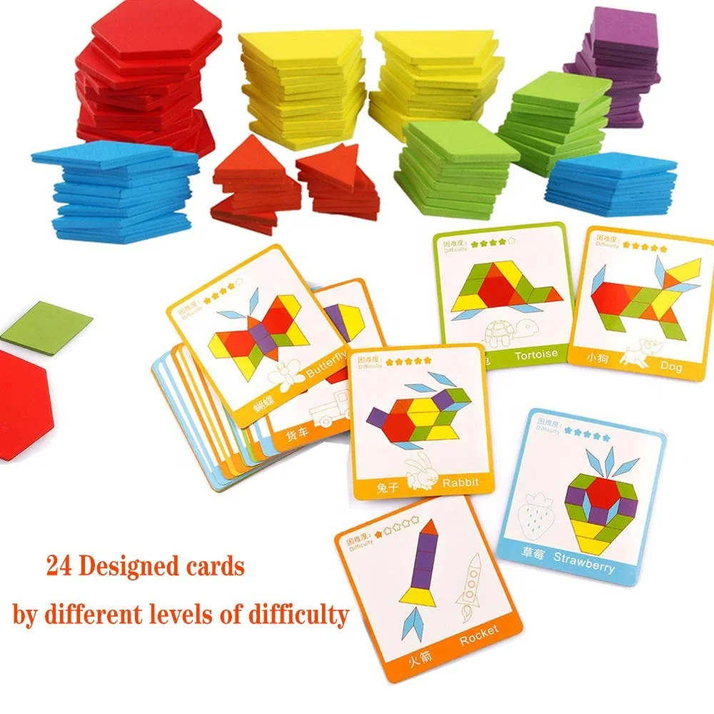 155 Pcs Wooden Pattern Blocks Set Geometric Shape Puzzle Kindergarten Classic Educational  Toys For Kids