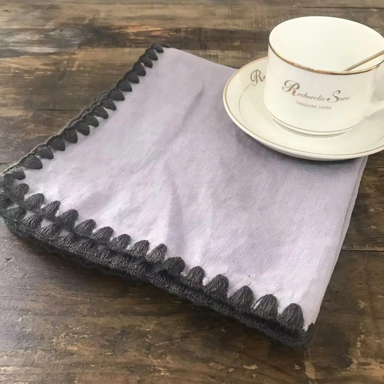 Dinner Restaurant Hemstitch Handkerchief napkin Cloth Embroidery Shell edge napkin White Linen Fabric Table Napkin
