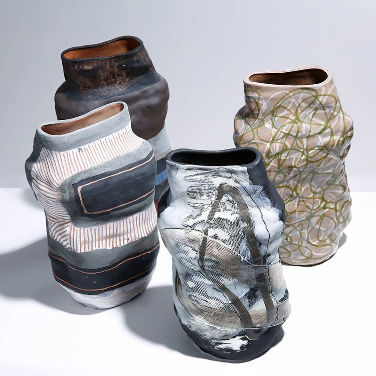 Original design handicraft big indoor colorful vase ceramic art deco irregular clay ceramic home decorative flower vase