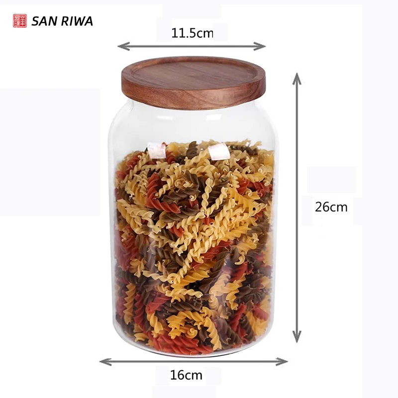 Transparent Airtight Glass Food Storage Jars With Acacia Wooden Lid Cylinder Sealed Air Tight Kitchen Borosilicate Glass Jar