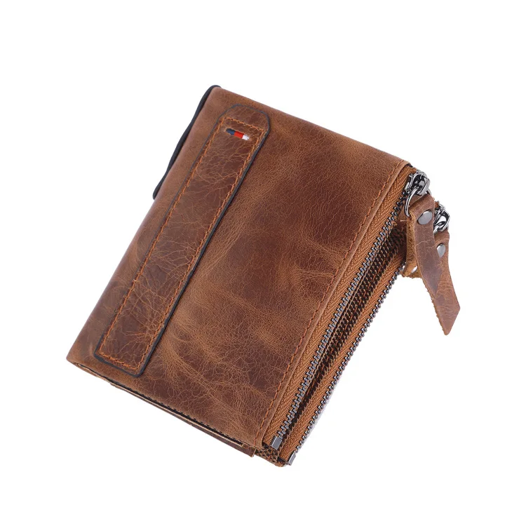 Carteras Genuine leather men wallet Short fashion coin wallet Crazy Horse cowhide double zip money clip porte feuille homme cuir
