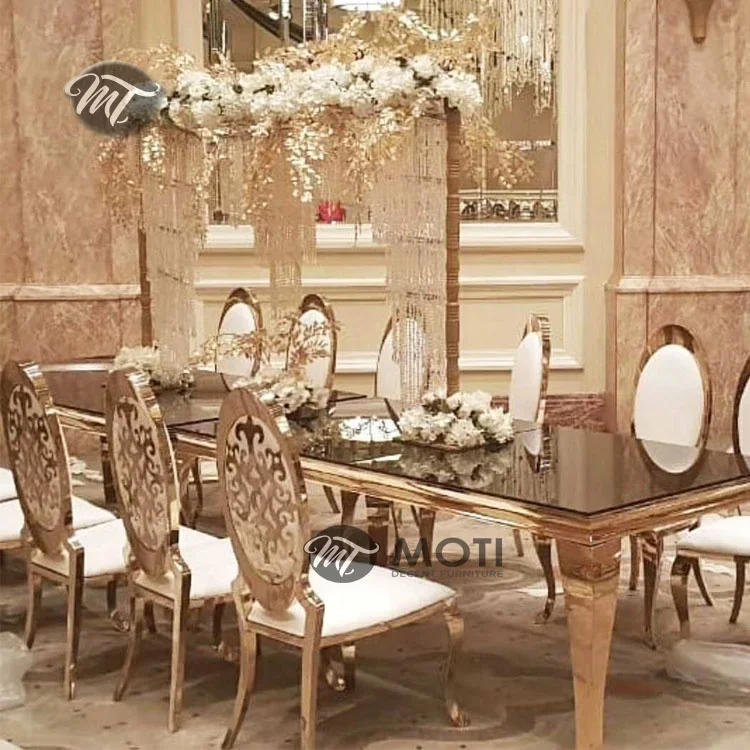 Modern gold wedding dining chairs and buffet tables with glass top
