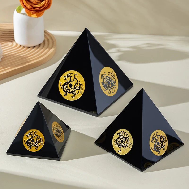 Natural Obsidian Four Divine Beasts Pyramid Ornament for House Protection and Home Decoration - Original Stone Feng Shui Style