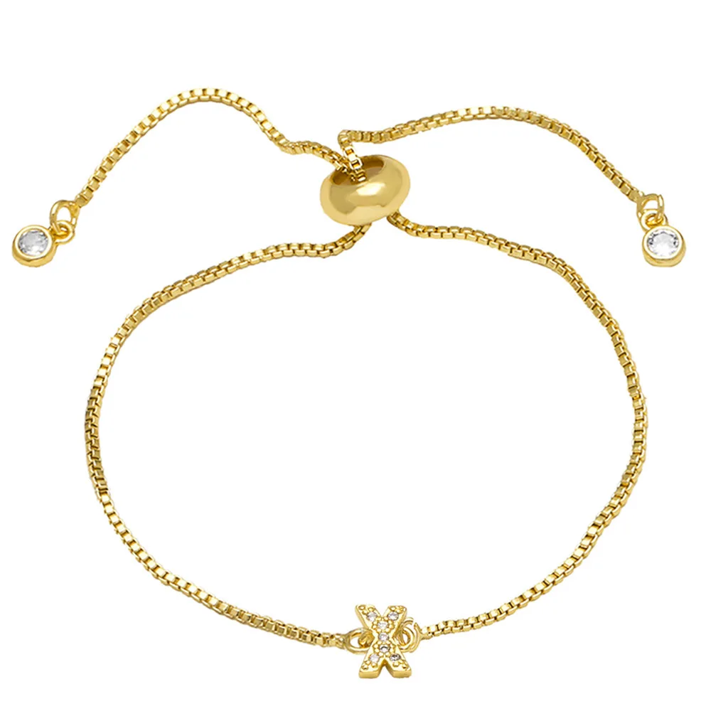 Fashion Adjustable Gold Plated Zircon 26 Letter Bracelets Copper Jewelry Box Chain Alphabet Charm Bracelet