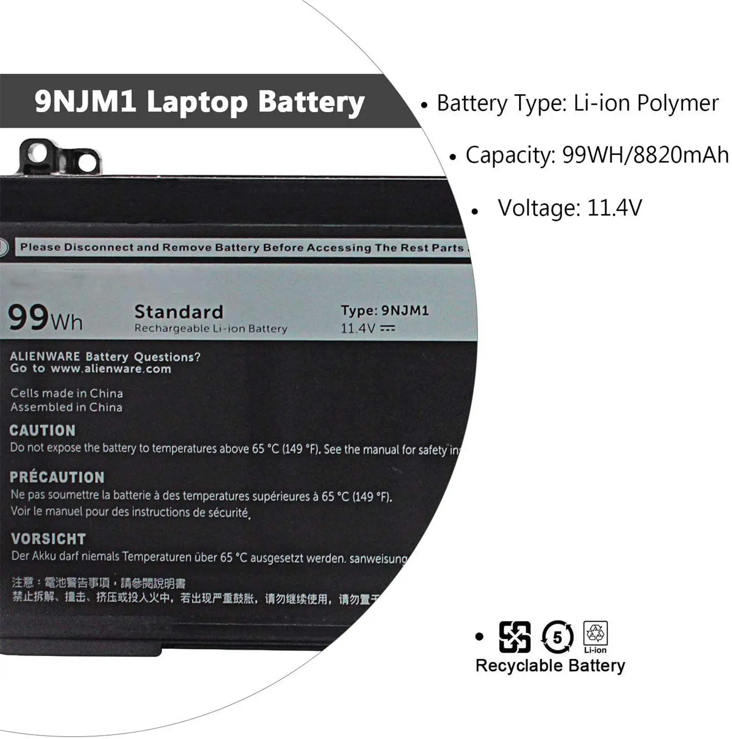 9NJM1 Compatible Battery For Dell Alienware 15 R3 R4, 17 R4 R5 11.4v 99wh Laptop Battery