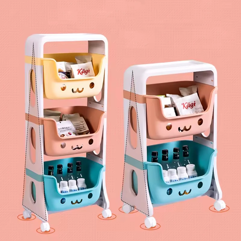 China Gold Supplier Movable 1-4 Layer Cartoon Smile Toy Organizer Trolley Plastic Kids Storage Rack With Wheels