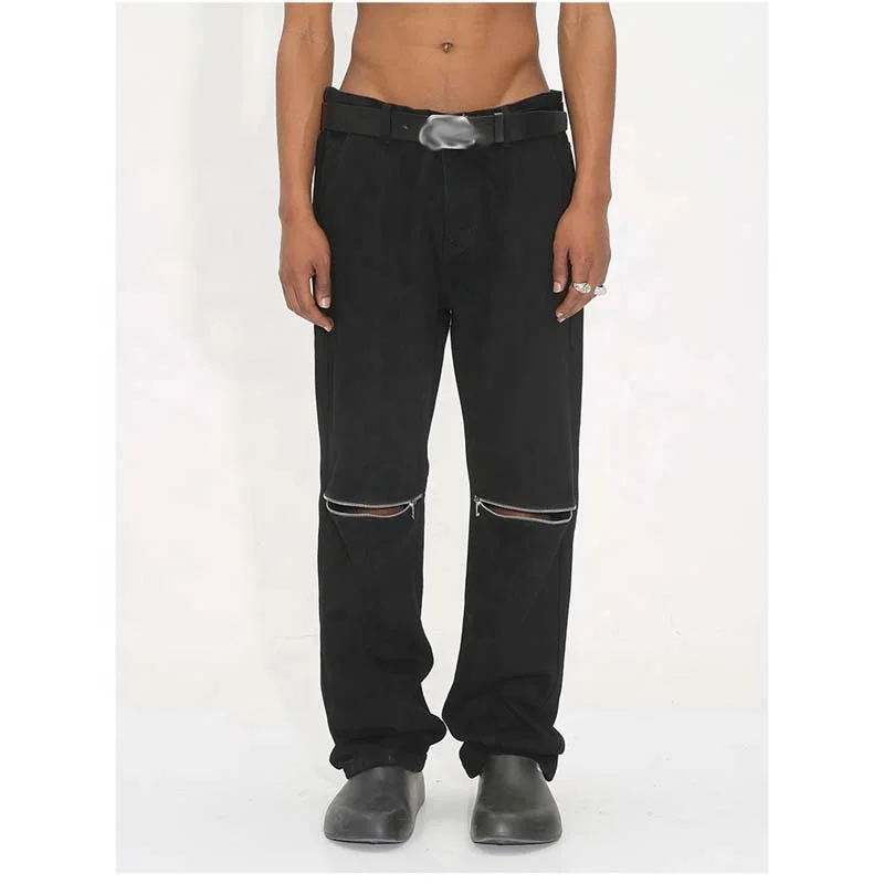 Denim Manufactory Streetwear Straight Zipper Knee Jeans Pants For Mens