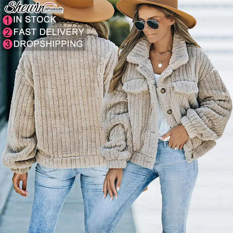 Shewin Clothing 2024 Fall/Winter Collection Casual Corduroy Plush Fleece Jacket for Women Solid Button Llama Lamb Fluffy Coat