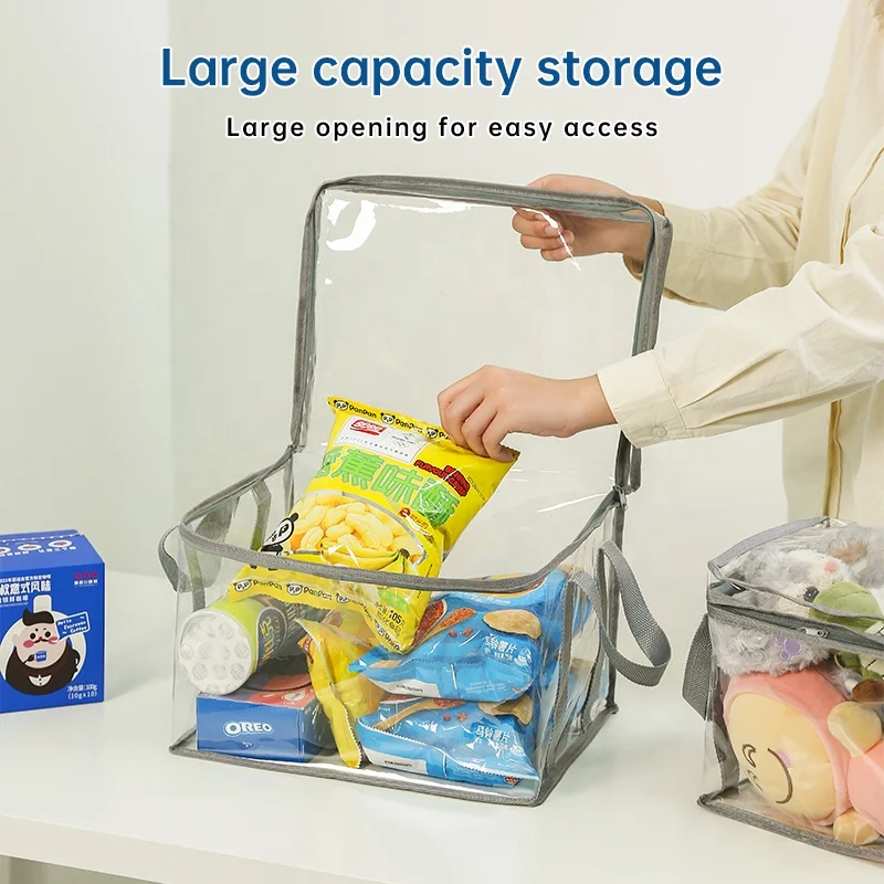 Handle Design Portable Book Storage Bag Dust Cover Custom Logo Storage Bag Organizer for Toys Transparent Cube Bin with Zipper