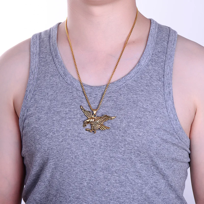 Custom High Quality Stainless Steel Wing Necklace Vintage Hip Hop Flying Bald Eagle Pendant Necklace For Men