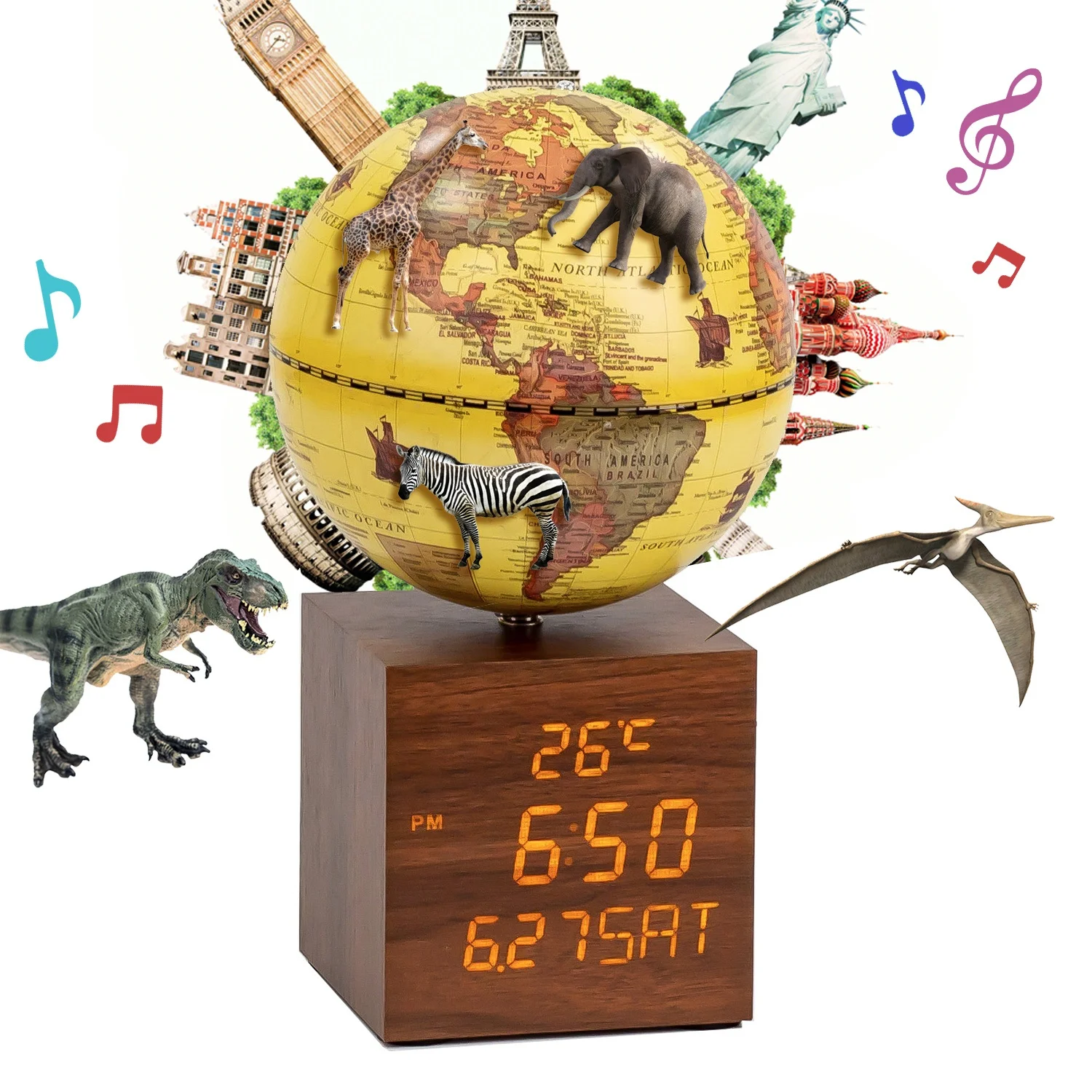 AR Illuminated World Globe (App Based) With Digital Clock Night Table Lamp and Temperature Display Antique