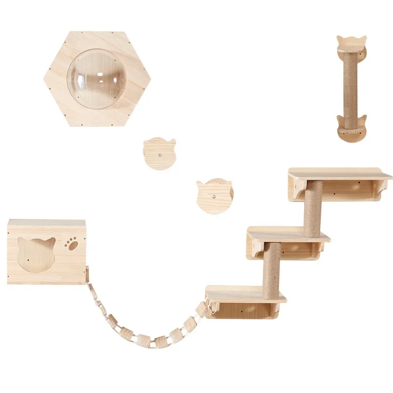 Cat Climbing Frame Solid Wood Diy Platform Cat Wall House Climb Track Springboard Sisal Grab Post Cats Drill Hole Wall Mounted