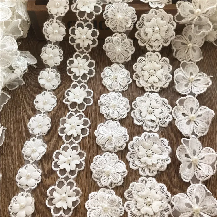 Роскошная вышитая органза 3d Кружева Цветочный Тюль белые свадебные платья жемчужная кружевная отделка для