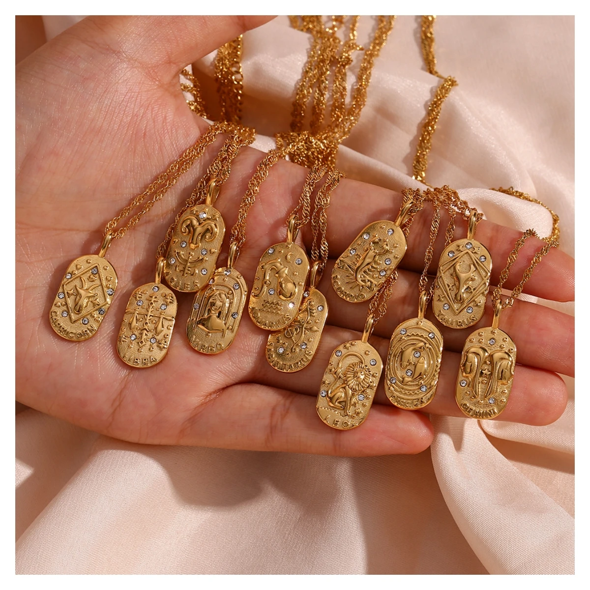 Oval Shape Personalized Vintage 316L Stainless Steel Fashion 18K Gold Plated Zodiac Sign Pendant Necklace Jewelry