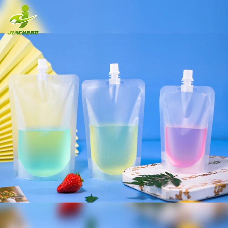 Wholesale clear 200 ml 500ml 12oz 24 oz filling poche a jus water cooler drink nozzle top liquid bag standup pouches with spout