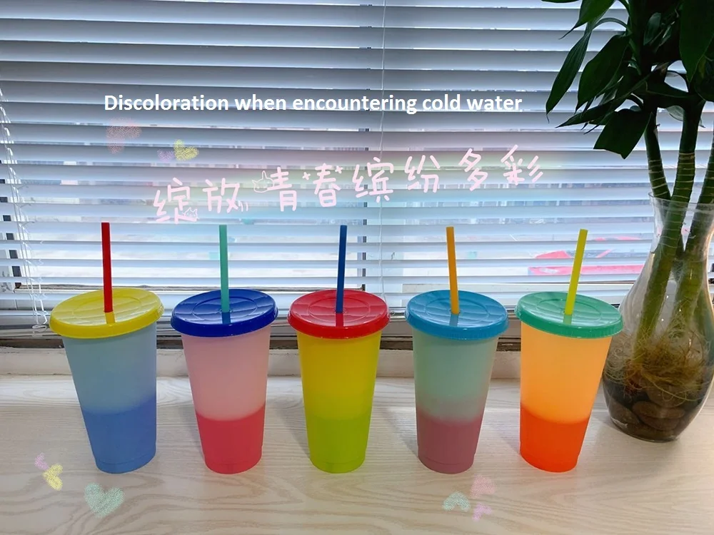 
HDT custom new 2020 temperature gradient PP plastic cold water bottle mug tumbler plastic tumbler color changing cups straw 