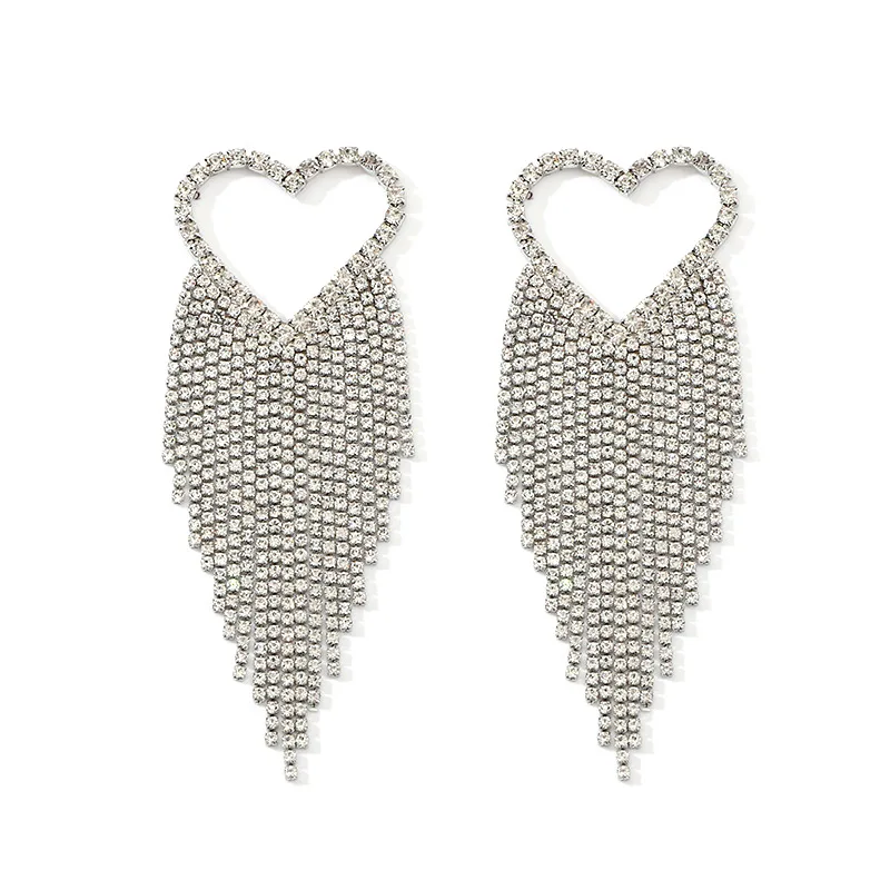 
fashion big long crystal heart earrings for wedding African luxury full diamond rhinestone tassel dangle statement earrings 
