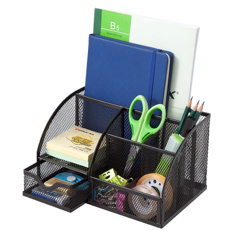 Office Supplies Multi-Functional Caddy Pen Holder Stationery with 6 Compartments and 1 Drawer Mesh Desktop Desk Organizer