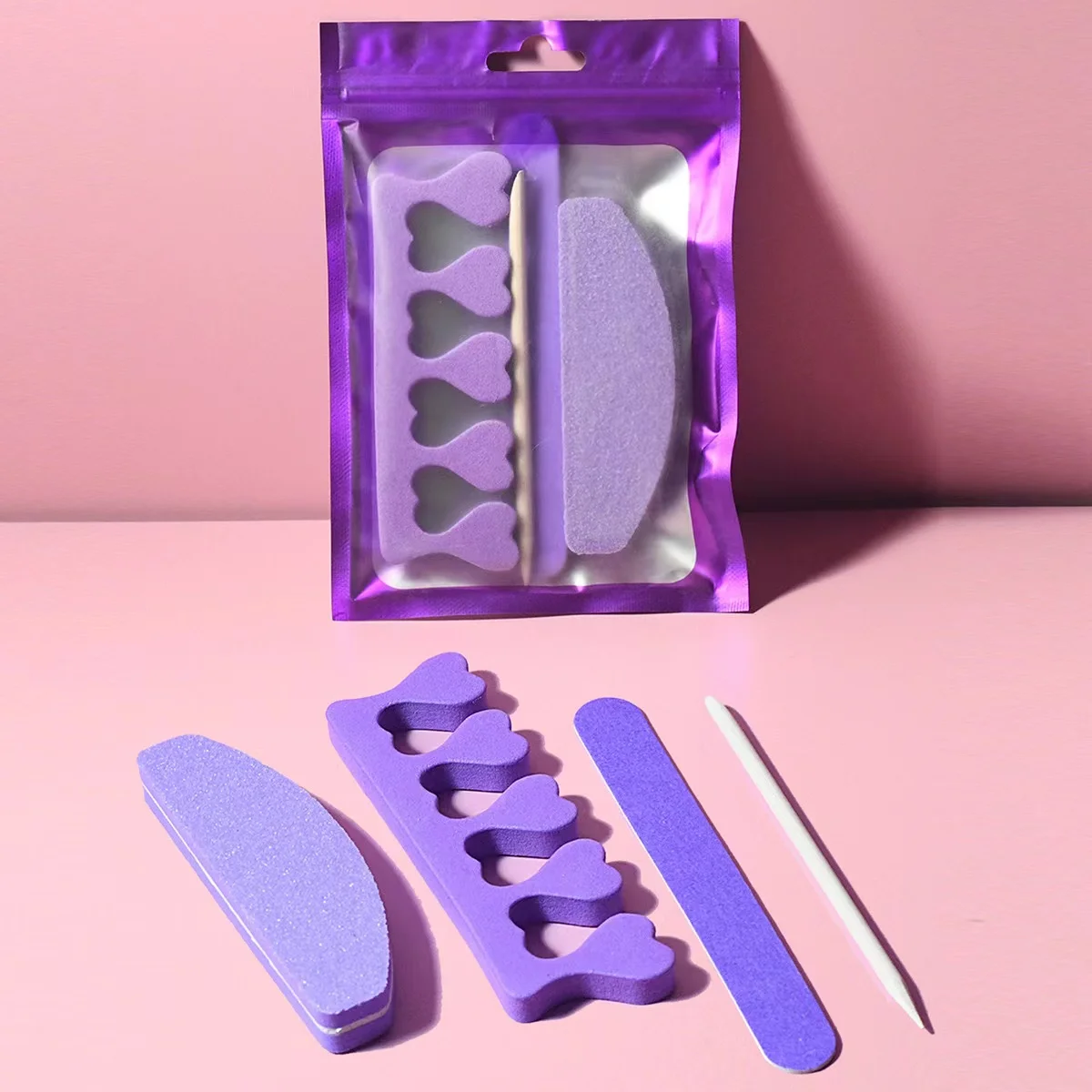 Wholesale Nail Art Purple 4 Pcs Manicure Finger Separator Wood Stick With Nail Files Set Nail Tools Set