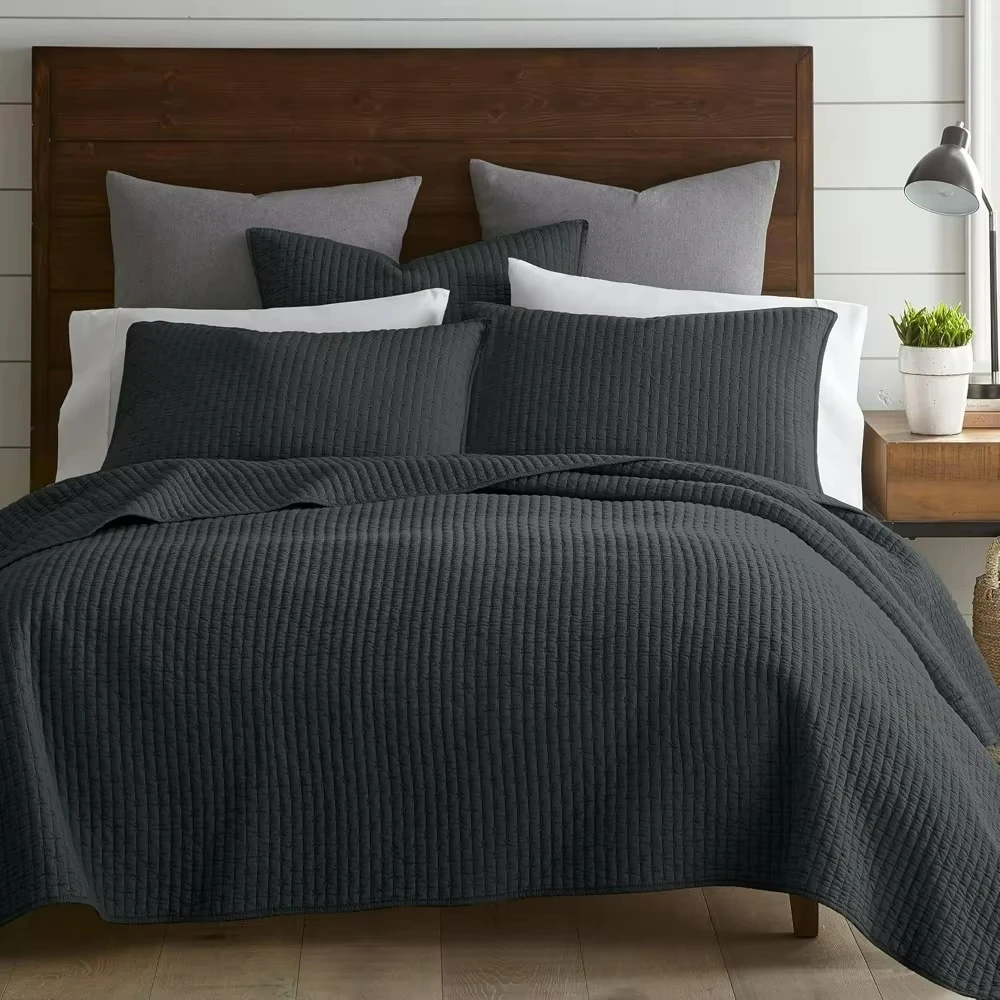 Cross Stitch Charcoal Quilt Set - 100_ Cotton - King_Cal King Quilt (106x92in.) + 2 King Shams (36x20in.) - Cotton Fabric