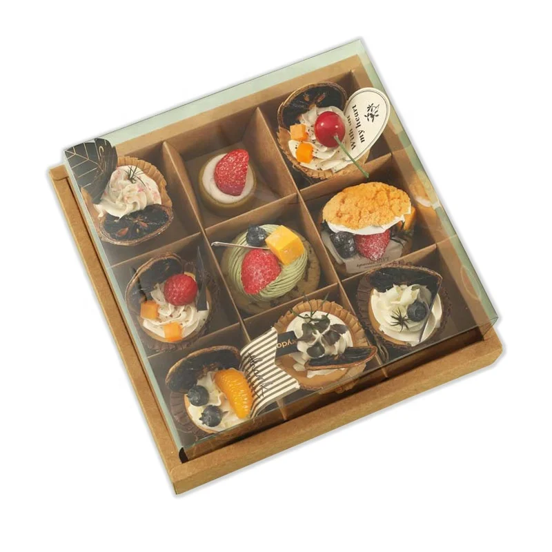 Wholesale Biodegradable Custom Pastry Bakery Cake  Cupcake Packaging Box Disposable 9 Holes Mini Cupcake Box With Clear Lid