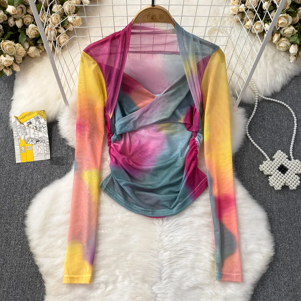 Summer Transparent Tie Dye Women Long Sleeve T-shirts Tops Girls Stretchy Mesh Sheath Tee Shirts Blouse Top