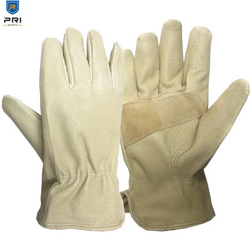 PRI 100% Durable Full Grain in Stock Work Construction Driver Pig Skin Industrial Leather Working Gloves with Slip on Cuff