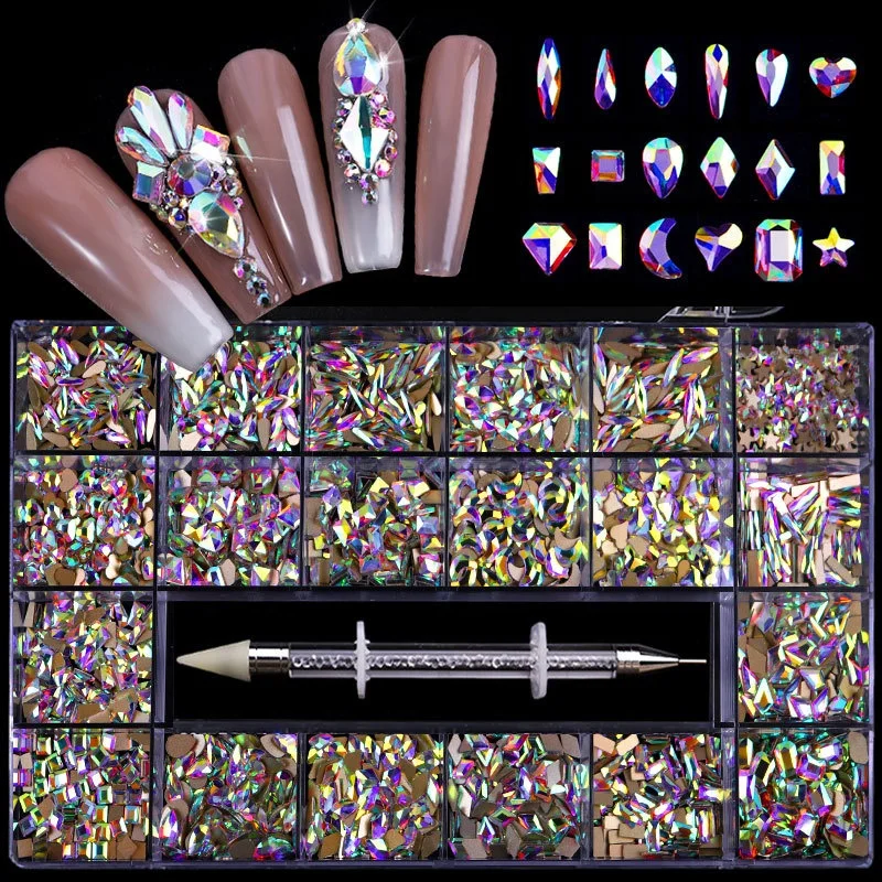 1000pcs 21Grid Box Wax Pen AB Crystal Alloy Flat Back 20 Shapes Nails Stone Glass Nail Rhinestone