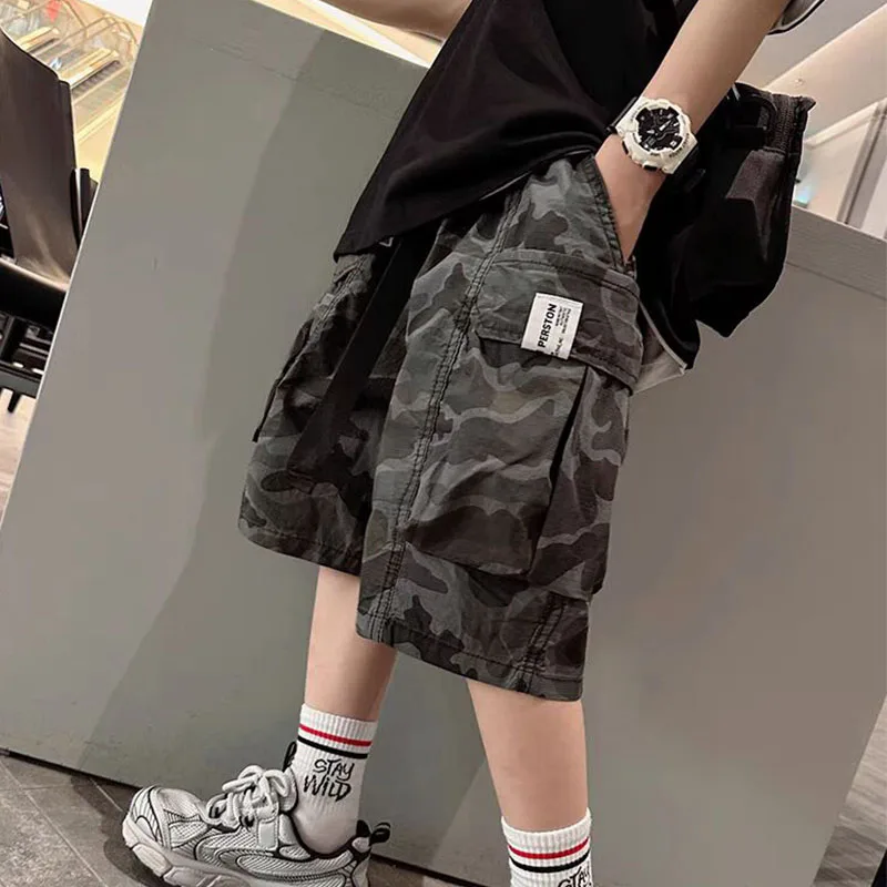 New Cargo Streetwear Shorts Kids Casual Style Multi Pockets Outdoor Shorts Camouflage Drawstring Knitted Shorts For Boy