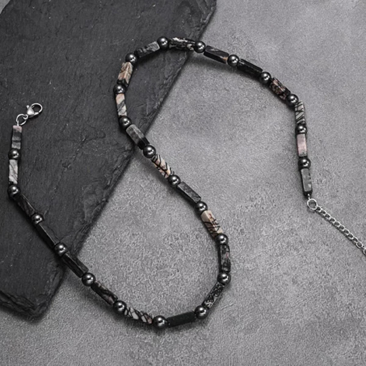 Woying Personalized Natural Stone Hematite Round Beaded Vintage Adjustable Choker Necklace For Men