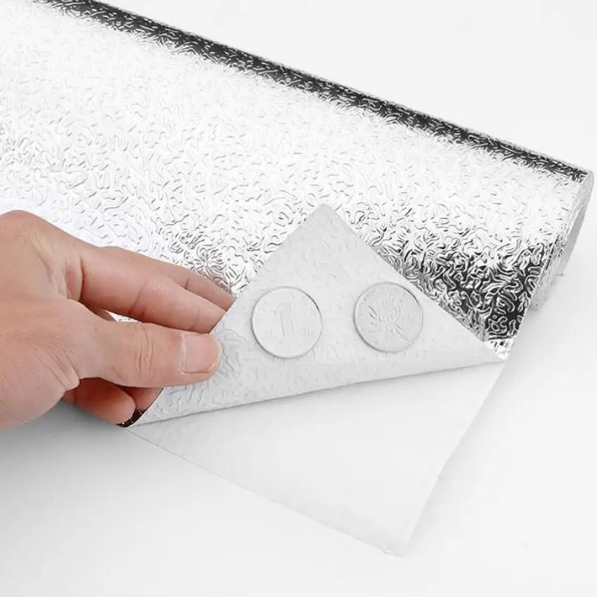 Kitchen Wallpaper Peel Stick Washable PVC Self Adhesive Kitchen Wallpaper Sticker Silver Aluminum Foil Vinyl Wallpapers Modern